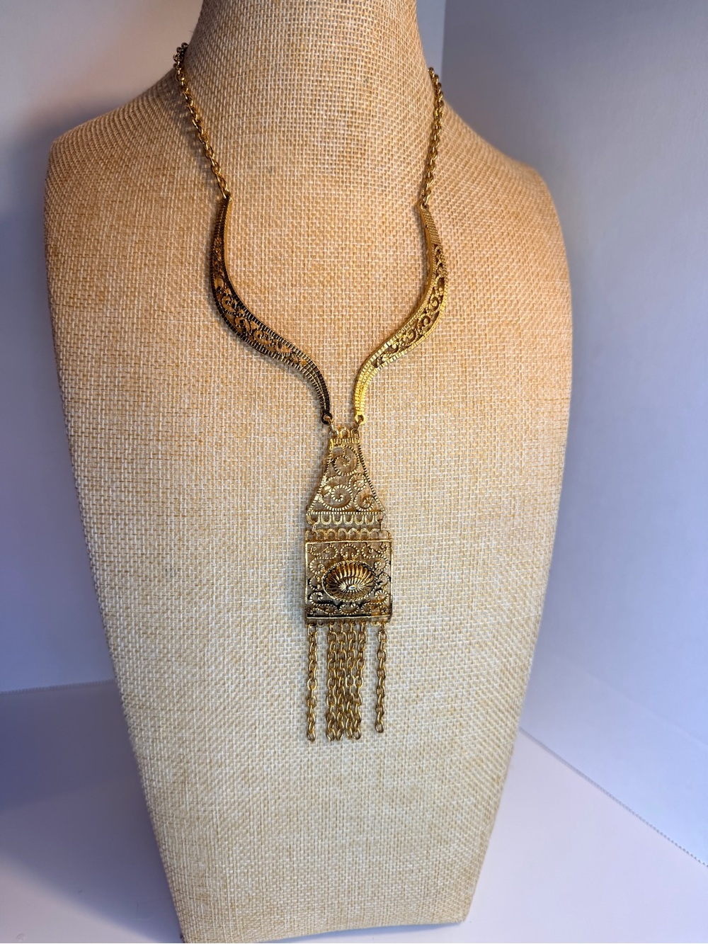 Gold Filigree Statement Necklace with Tassel Drop